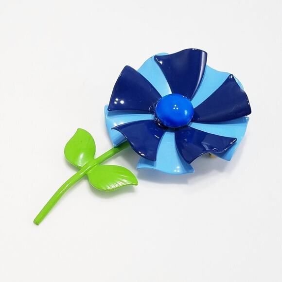 Vintage 1960s Blue Enamel Flower Brooch Green Stem Pinwheel Mod Floral Jewelry - Picture 1 of 8